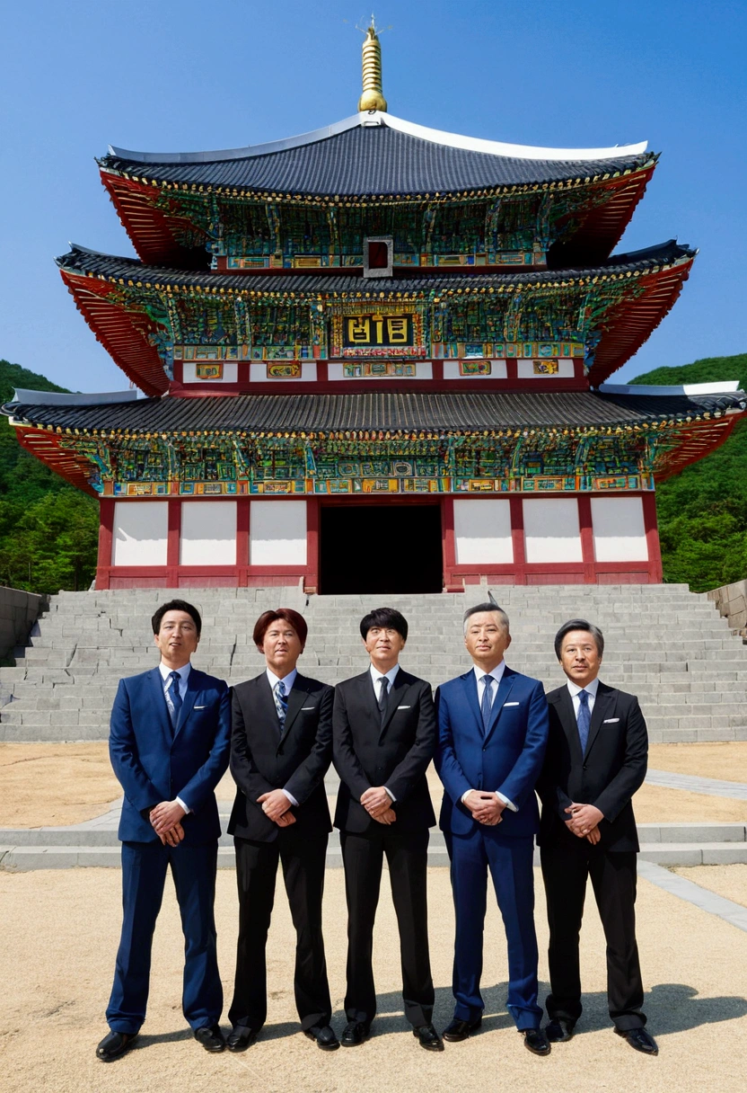 seven korean pastors in suits standing in front of a the tabernacle temple in gwacheon, church of the seven stars , background artwork, palace background, church background, style of madhouse anime, in the anime film, tabernacle temple , style of leonardo da vinci painting, in japanese painting style, standing near a castle, castle background, in style of creation of adam