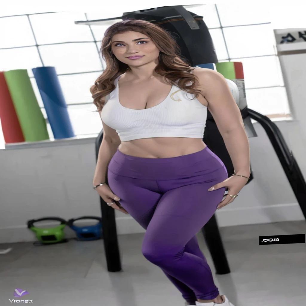 Arafed woman wearing a white top and purple pants posing for a photo., violet tight tanktop, tight attire, purple cap, in a gym, grace alexa, purple jumpers with leggings, annoy, tight, Angela Blanco, two piece sportswear, using fitness equipment, tight outfit, Brown hair