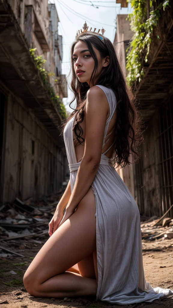 A beautiful European women, queen, full body, kneeling, wearing torn dress, long dress, bone crown, grey sky, Post-Apocalyptic city, lianas, trees, vines. She is 24 years old, has black hair, long hair, curly hair and black eyes. Her cloth is stylish and her overall appearance is stunning. The girl's face is extremely detailed with beautifully detailed lips. Her skin is anatomically correct with realistic textures. The image should have super high details and be of the best quality, with a resolution of 8K. The final result should be a masterpiece, showcasing the girl's beauty and the vibrant atmosphere of The destroyed Post-Apocalyptic city, trees and vines