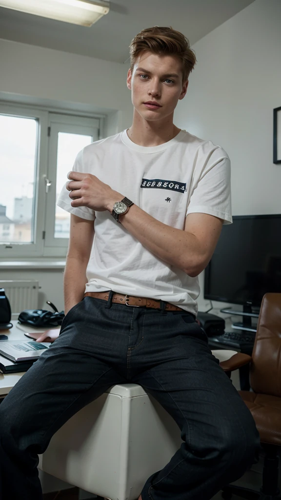 Janis Ancens, preppy haircut, classic pants, t-shirt and pants, elegant watch, smirk, sitting in the director's room, full view