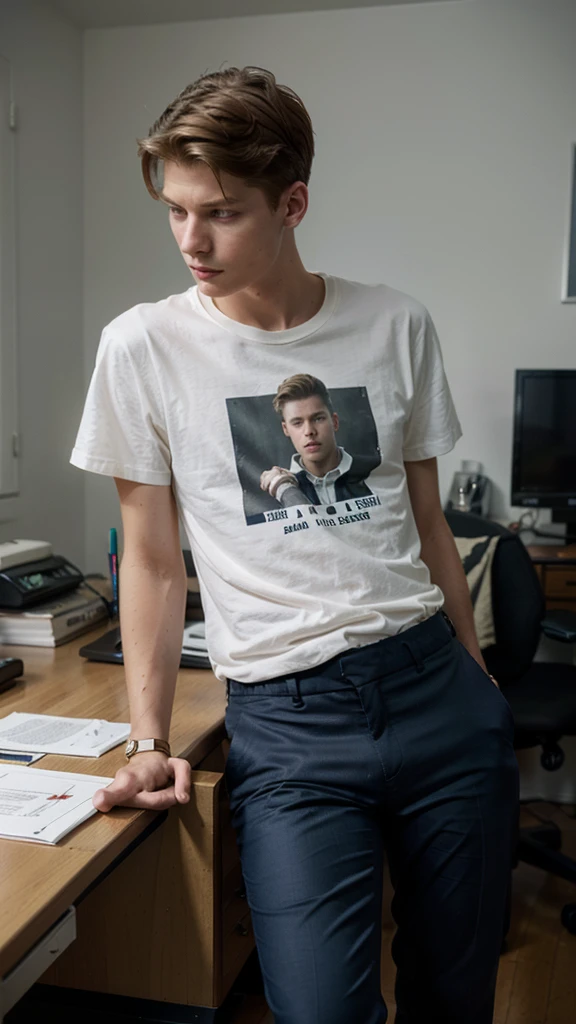 Janis Ancens, preppy haircut, classic pants, t-shirt and pants, elegant watch, smirk, sitting in the director's room, full view