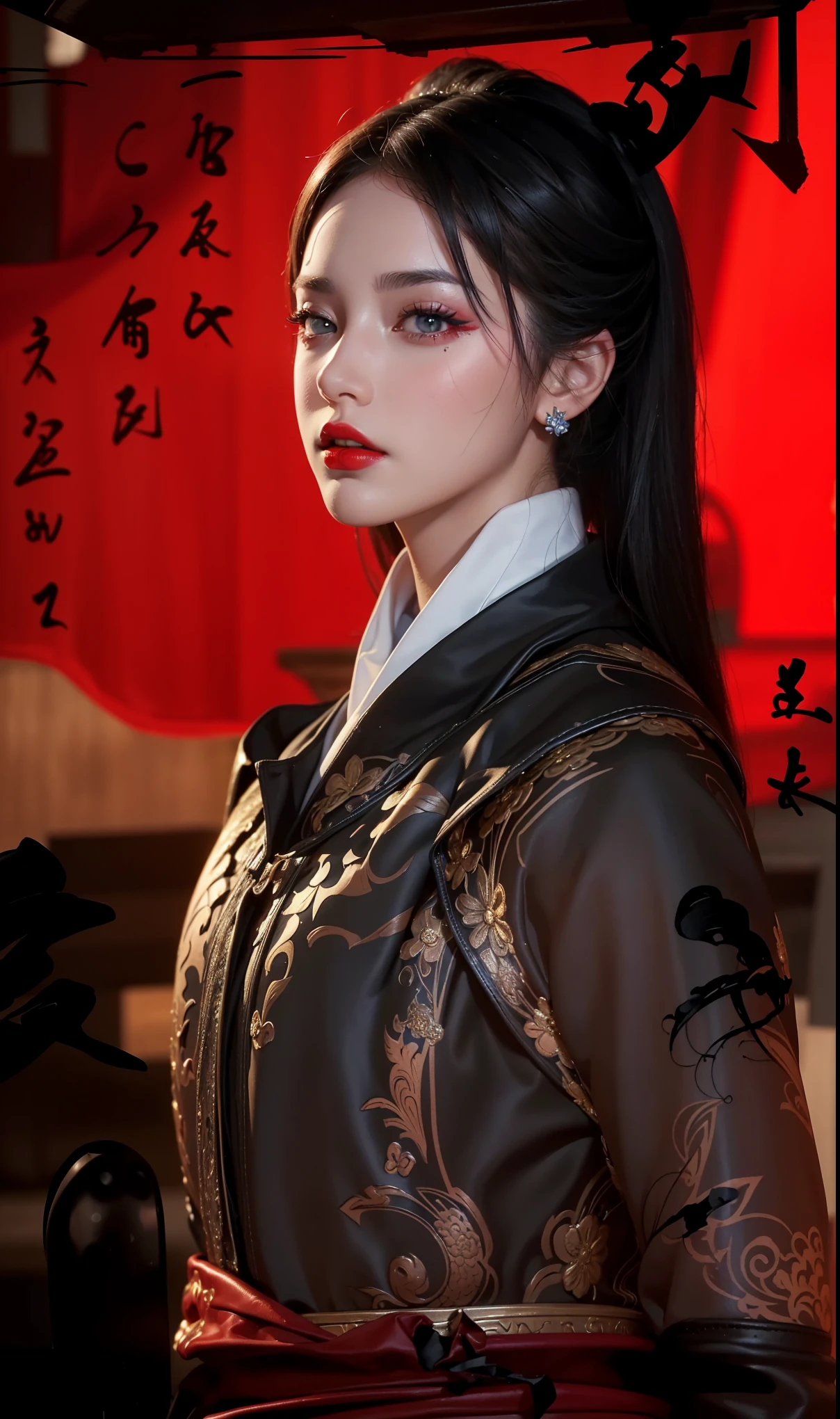 Royal princess，Extremely detailed, Delicate face, Stock Photography , Portrait 400, F1 Camera Lens.6, rich and colorful, Surrealism, Realistic textures, Dramatic Lighting, Thin Film Distiller 800 (8K, original photo, Better quality, masterpiece: 1.2), Extremely detailed, (Extremely delicate skin: 1.2), 8K ultra high definition, SLR camera, Soft Light, high quality.Fire Queen，Blue pupils，Wear red lipstick，Have a tattoo，The tattoo is very three-dimensional，Gorgeous and intricate tattoo designs，Dark eyeshadow，Sexy thick lips(Red lipstick)，Hua Mulan wearing the general&#39;s armor