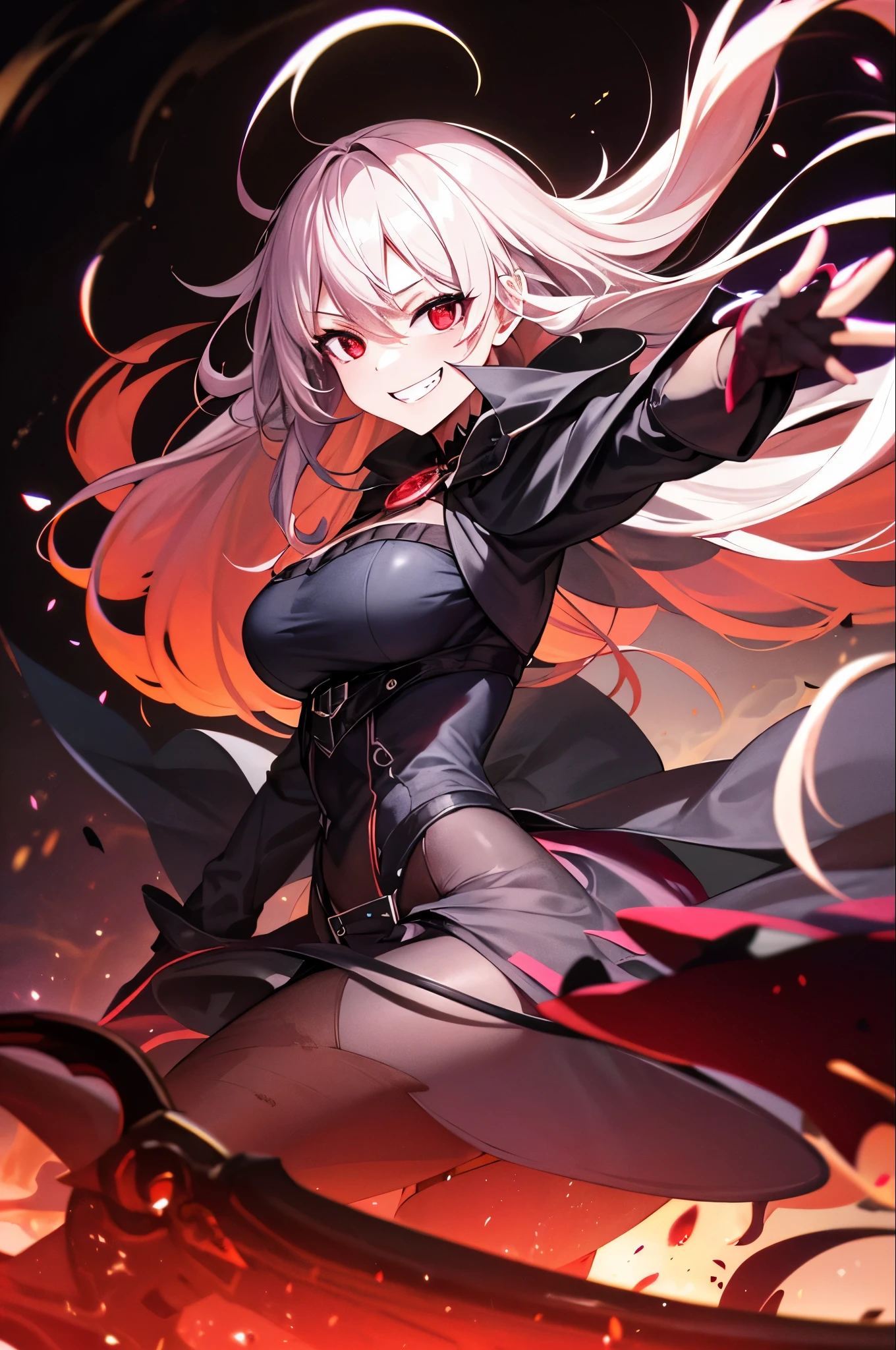 (masterpiece, best quality:1.2), mature curvy female dragon girl, solo, leather bra, leather pants, red eyes, red-black demon wings. smiling, fangs, holding trident, powerful stance , white hair