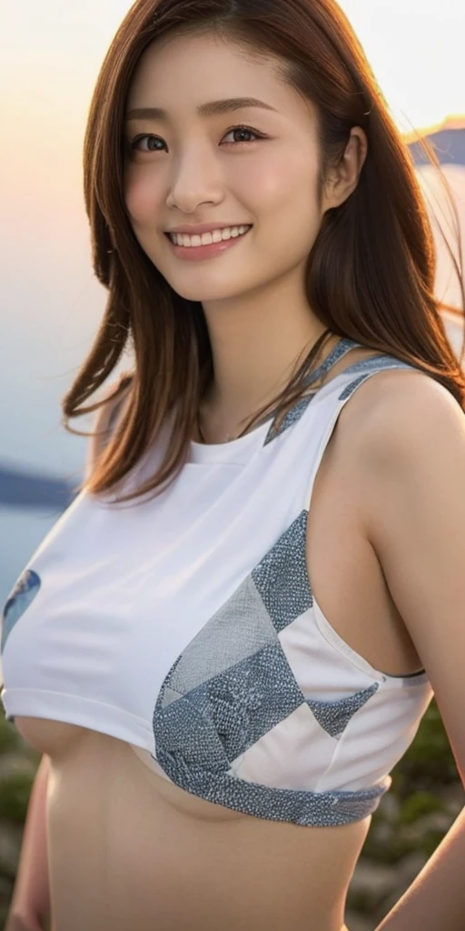 Highest quality, masterpiece, (Realistic:1.2), (uetoaya), smile, head shot, Backlight, Silhouette Lighting, Lift up your shirt, Tomboy, Brown long hair, Hair on one eye, Underbust, front, Detailed face, Beautiful Eyes, Oily skin, Sweat a lot, fit, bikini, Underbust, Santorini, Greece