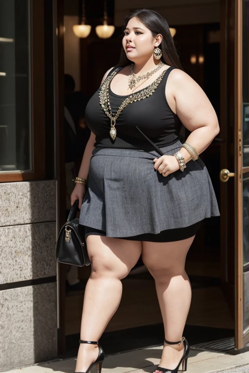 140kg extremely obese woman, mini skirt, high heel, necklace, earring, bracelet
