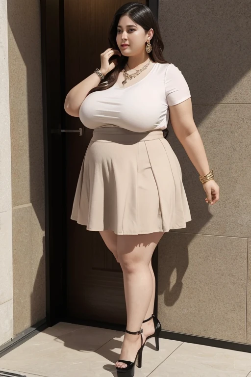 140kg extremely obese woman, mini skirt, high heel, necklace, earring, bracelet