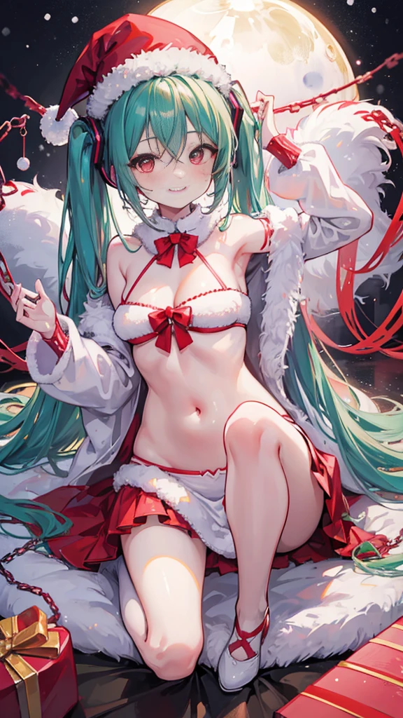 Hatsune Miku, masterpiece、top-quality、1 Elven Pretty Girl、Baby face、From above、from below、dutch angle、Santa Claus Elf、Dynamic Sexy Pose、kawaii eyes、big eye、a purple eye、sixteen years old、Santa hat with rabbit ears、A pink-haired、Floral hair ornament、Bangs Patsun、Short bob hair、Super huge、cleavage of the breast、lip stick、teak、tongue、long tongue、Stick out the tongue、Smile with open mouth、Santa Bikini、microkirt rift、On the roof of a high-rise building、Watercolor style、tetas enormes, cameltoe