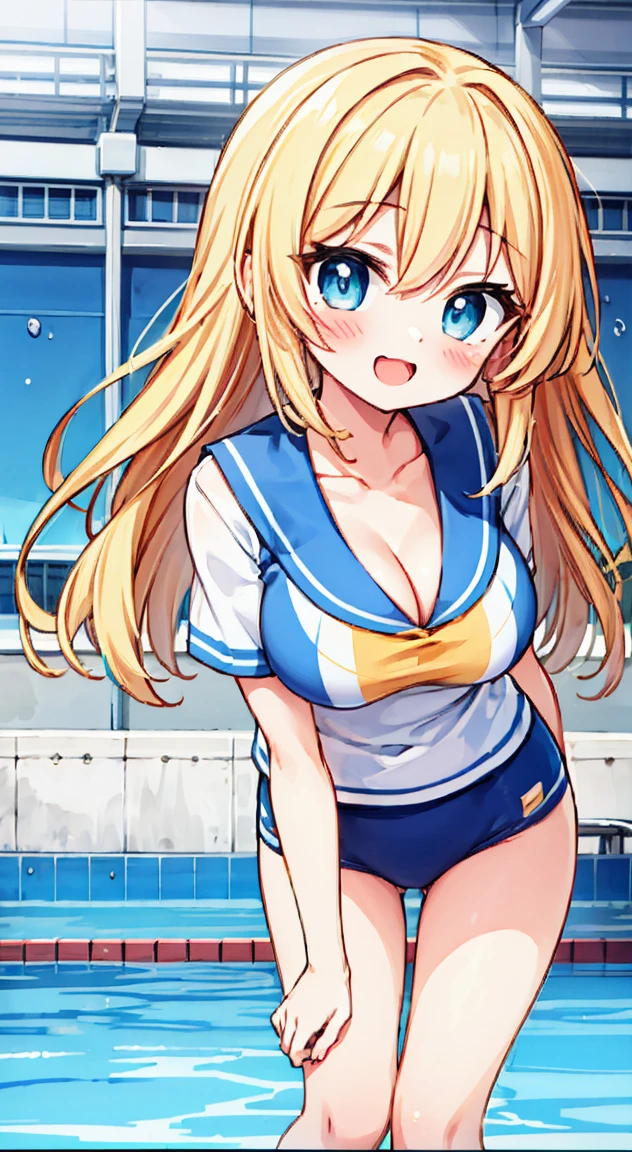 Schooluniform swimmingwear,blush, full-face blush,masterpiece, Highest quality, (anime screencap:1.3),(shape), cute,(Simple:1), (anime:1.2),Solo Sharp Focus, 1 girl, Cleavage,Looking at the audience, at noon, School poolside,Are standing,,(Browsing Caution:1.2),Beautiful Hair,Horizontal stripes,heart shaped pupils,Close one eye,Happy smile,Large Breasts,cute eyes,Puffy eyes,no fingers,enjoy,