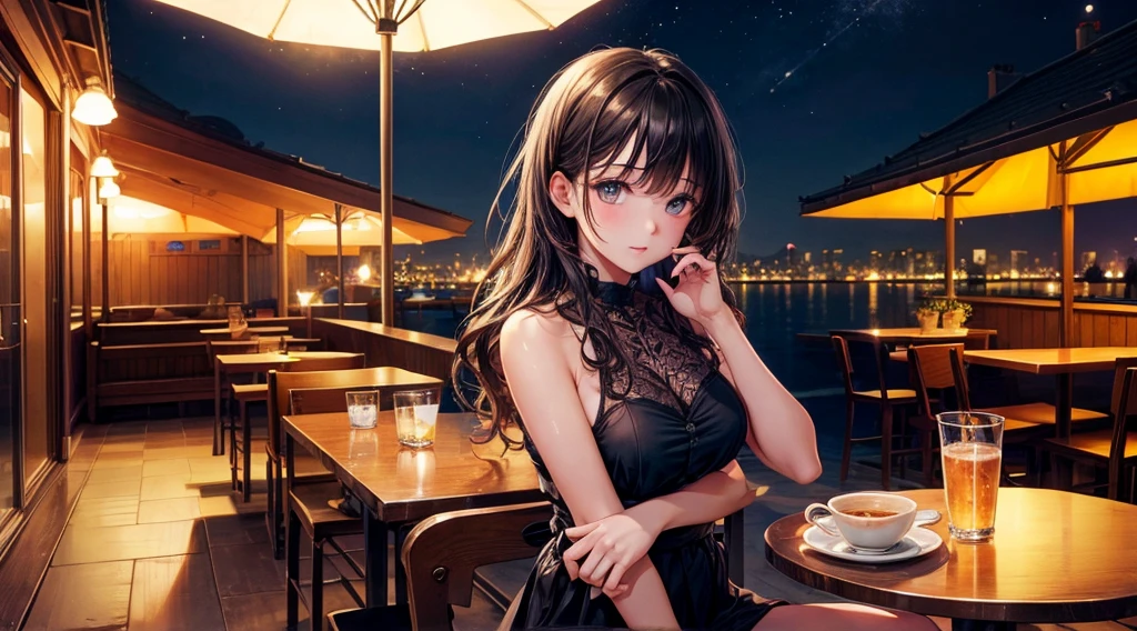 (Original photo, Highest quality), 1 girl, Lisa, night,Cafe, relax, Satosh Khan'Art Style