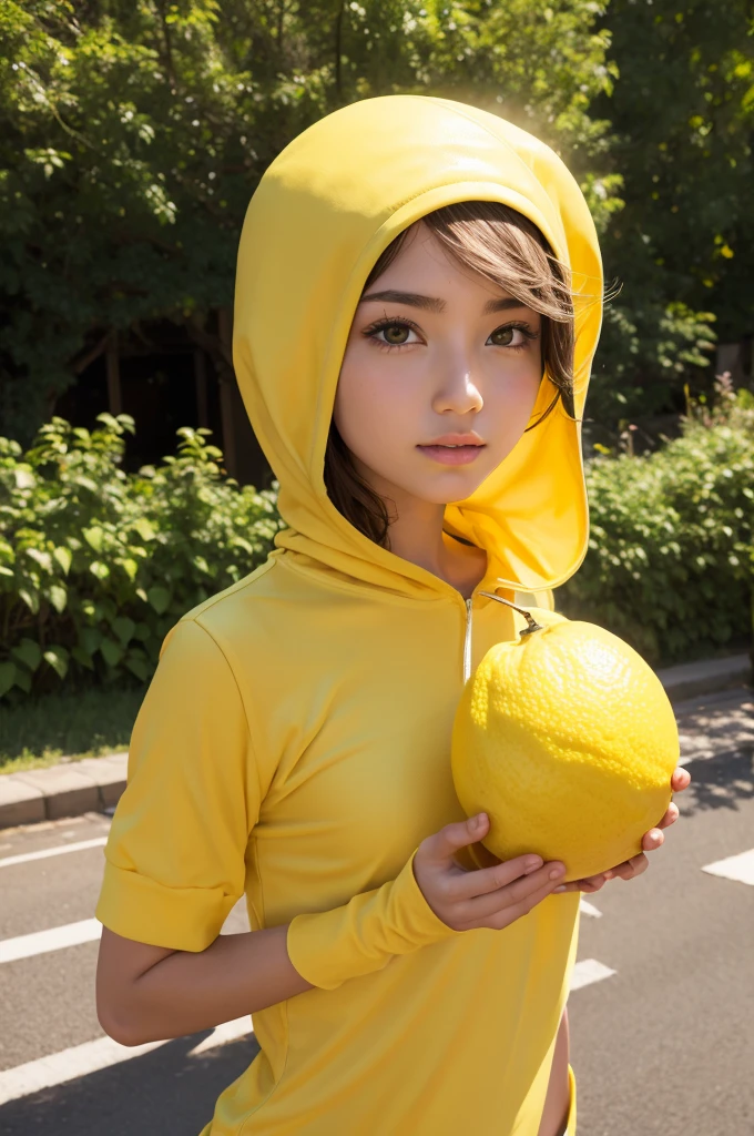 1Man Woman、Full body yellow sportswear(hooded jacket、shortpants)、Amusement facilities、Fluorescent pink sneakers、Point the candy at the camera、Smile like an idol