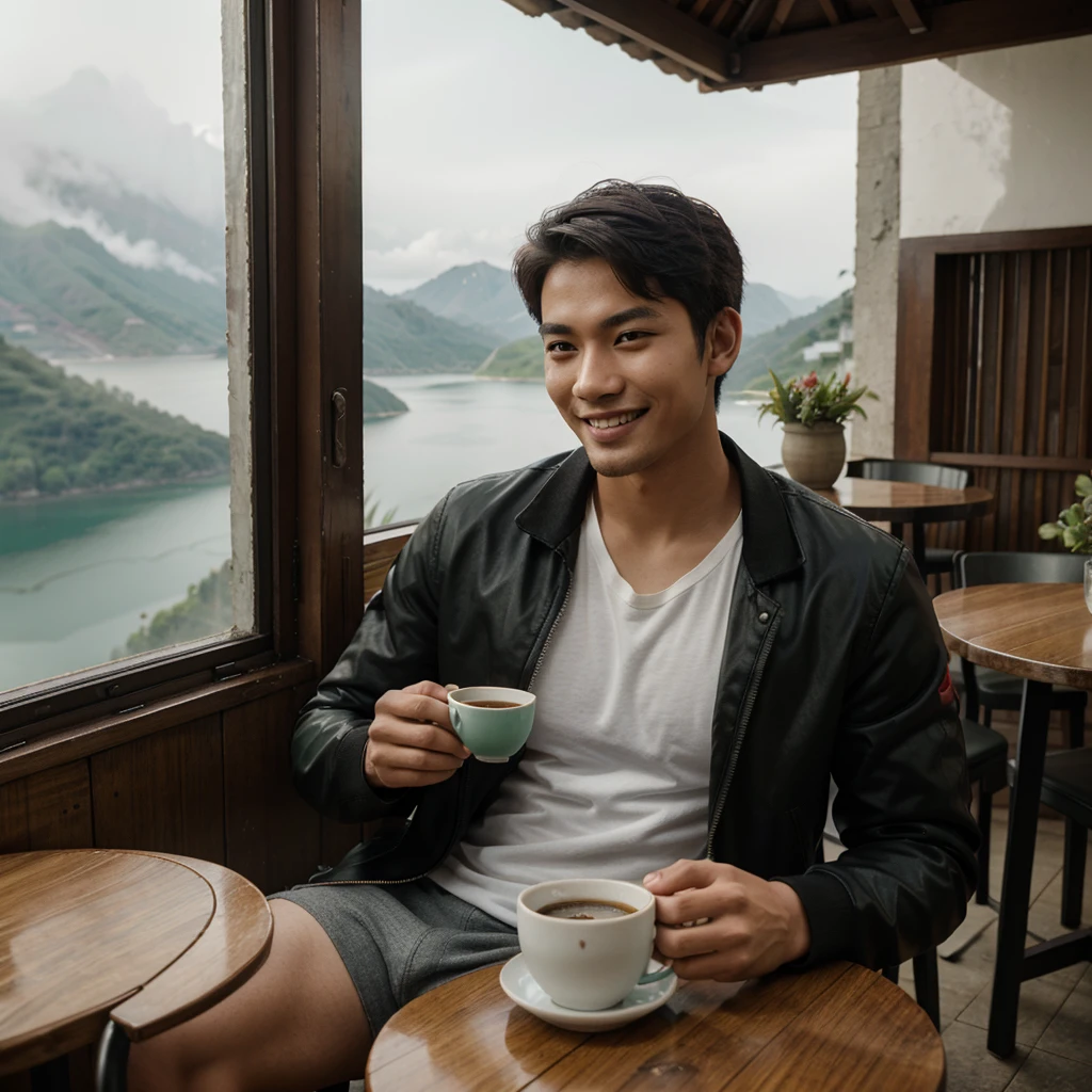 Professional photography of a handsome young asian. Wearing a black jacket, white, green and red t-sirt, with a picture of a balinese mask. Chatting a little smiling, sitting in an open cafe at the top of the mountain, on the table there was 1 cup of black coffe. With a view of the misty lake, the photo was taken with a vivo cellphone camera