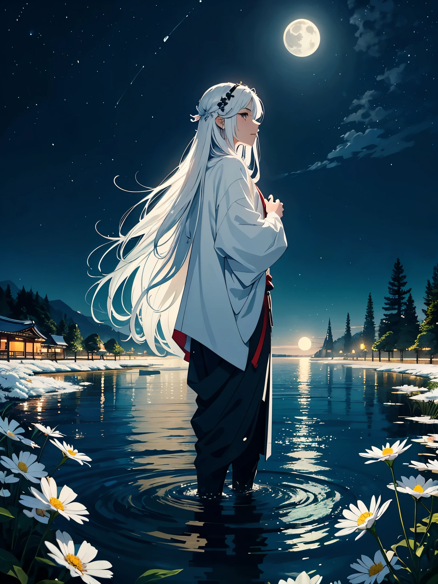 In japanischer . Engel. Viele weoße vögel. More anime. light blue light. Bright bright light. magical. Moon. White flowers. male. Long hair. long white hair. aquatic, boy, God of the Moon, silver hair accessories, White hair. 