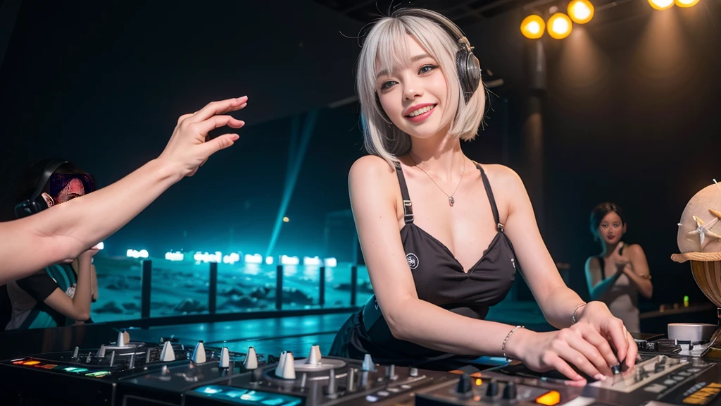 (ultra - detailed, 16K resolution, Cinema lenses, rendering by octane), (high resolution:1.18), intricate detail, (masterpiece:1.1), (highest quality:1.1), (1girl, portrait, white hair, blue eyes, short hair, detailed eyes),Wearing silver DJ headphones, sequined T-shirt, (in the beach:1.5), (Iconic hip-hop pop costumes:1.3), Smile while DJing on stage, DJ studio next to the beach, ((A stylish DJ stage on a hill overlooking the beach)), full body shot, Photorealistic photography by Sunshine, (cute round face:1.3), perfect fingers, five fingers, beautiful hands, perfect hands. master peace, cute smile, Fixhand.