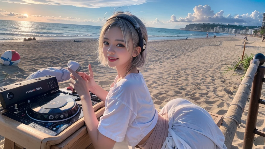 (ultra - detailed, 16K resolution, Cinema lenses, rendering by octane), (high resolution:1.18), intricate detail, (masterpiece:1.1), (highest quality:1.1), (1girl, portrait, white hair, blue eyes, short hair, detailed eyes),Wearing silver DJ headphones, sequined T-shirt, (in the beach:1.5), (Iconic hip-hop pop costumes:1.3), Smile while DJing on stage, DJ studio next to the beach, ((A stylish DJ stage on a hill overlooking the beach)), full body shot, Photorealistic photography by Sunshine, (cute round face:1.3), perfect fingers, five fingers, beautiful hands, perfect hands. master peace, cute smile, Fixhand.