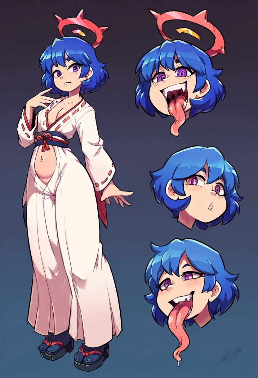 Girl, medium ruffled layered blue hair, purple eyes, open belly, Masterpiece, hiquality, Good detail, sticking out tongue, long tongue, hakama outfit with stomach exposed, half-body shot above waist, fire halo. Expression sheet, fullbody. 