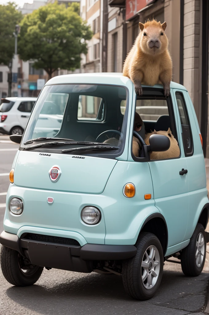 Cute capybara with a Fiat Mobi on his head in the form of a kawaii cartoon