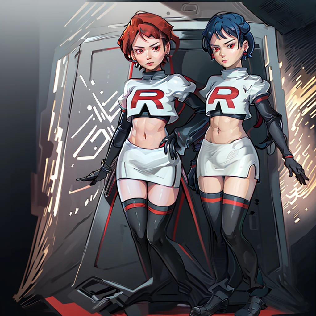 (extremely detailed CG), (best quality), perfect face, shiny skin, lustrous skin,wide hips,   1girl,solo ,    RaeTaylor,jewelry, red eyes, short hair, brown hair, looking at viewer,team rocket,team rocket uniform,white skirt,red letter R,crop top,black thigh-highs,black elbow gloves