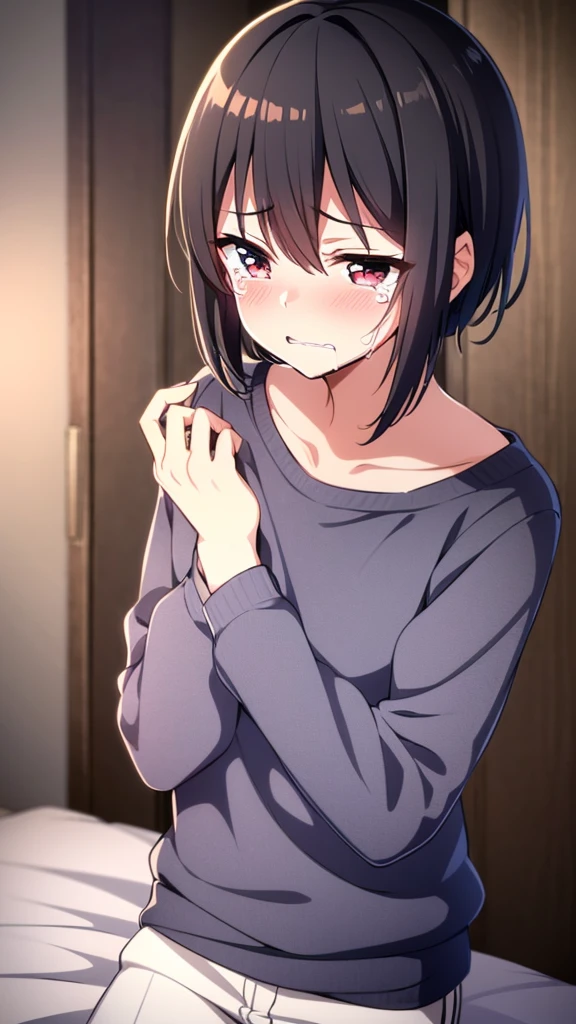 masutepiece, Best Quality, 1girl in, 1boy, vaginal,grabbing on breasts, grabbing another’s chest, masutepiece, Best Quality,Illustration, Wallpaper, Ultra Detail, Little Face Girl、(((molesting)))、Beautiful detailed eyes, Medium Short-Cut Hair, (fear:1.5)、(Teary-eyed:1.5)、Dark hair color、((Morester))、In the city、((Girl being touched by a man))、