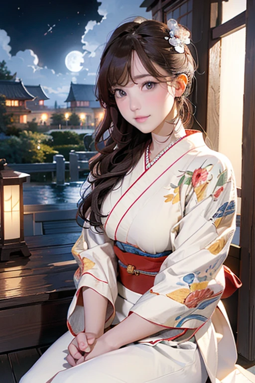 (Official Art、Highest quality、Unity 8k wallpaper、32K、masterpiece、Ultra-detailed、Ultra-high resolution、Oil painting style:1.2)、Slender、Ample breasts、(whole body:1.2)、Highly detailed background、Realistic students、Sharp pupils、Blurred Background、Beautiful girl in yukata、(Highly detailed face and eyes、Beautiful Face、Highly detailed skin、Detailed skin texture:1.3)、Japanese garden、Cowboy Shot、Sitting on the porch、moon明かり、空に浮かぶ満moon、moon、dumpling、Autumn scenery、