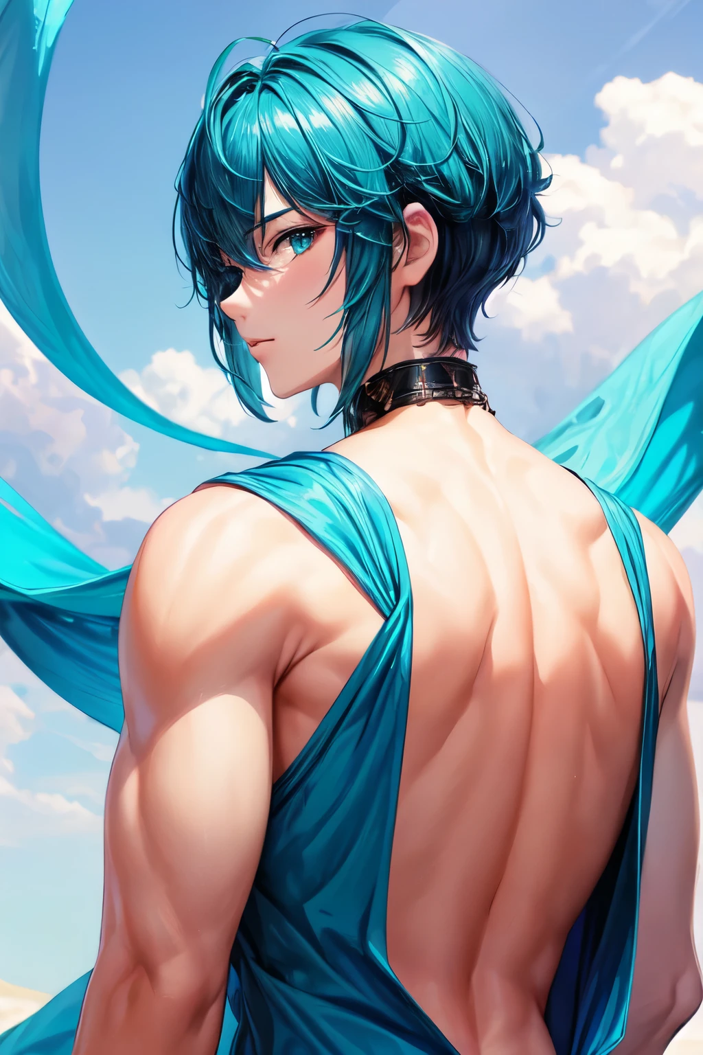 ((best quality)), ((masterpiece)), (detailed), 1boy-cool and pretty looking - cyan silky short hime cut hair with 3 sides - big round cyan eyes - male - his back hair is also short . has male features
