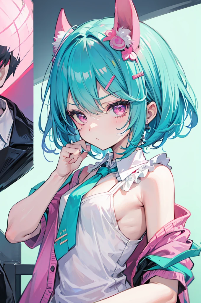 turquoise bob, hairpin, portrait, tsundere, girl, Grumpy, pink eyes, sleeveless shirt, small breasts, Cardigan, bandage on right arm