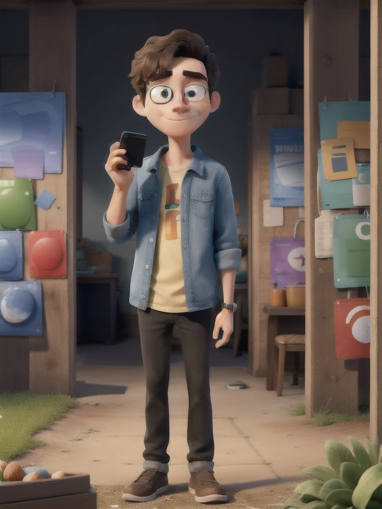 On one side, a person staring at their cell phone with a monotonous scene in the background. from the other, the same person without the cell phone, surrounded by creative and colorful elements, showing the difference between consuming and producing.