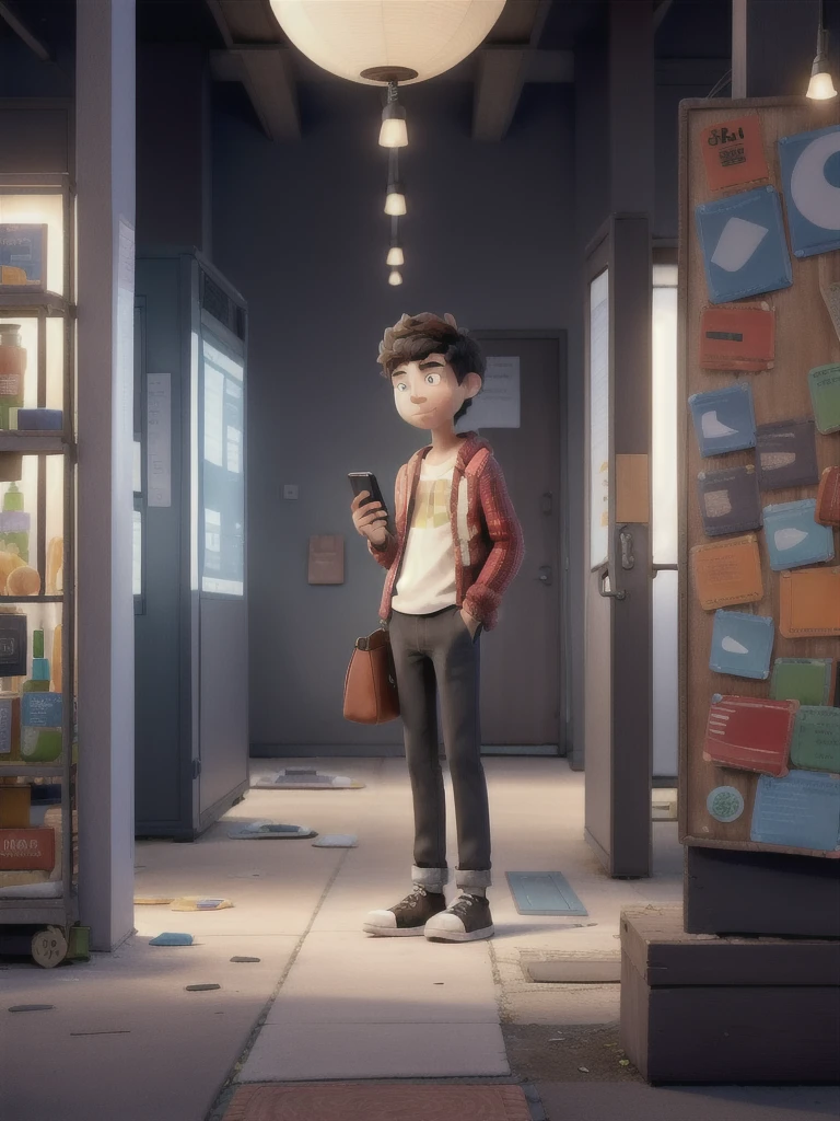 On one side, a person staring at their cell phone with a monotonous scene in the background. from the other, the same person without the cell phone, surrounded by creative and colorful elements, showing the difference between consuming and producing.