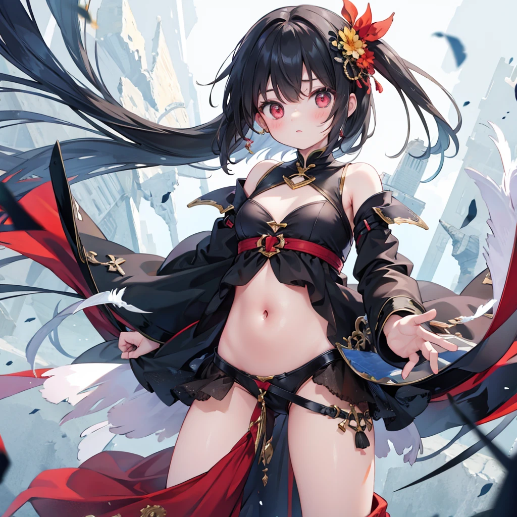 ((best quality)), ((masterpiece)), (detailed), A girl，has black hair，Red eyes。She is facing the camera sideways