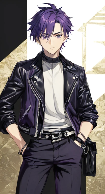 ((Highest quality)), ((masterpiece)), (detailed), ((One young man))、(mature male)、(20-year-old male)、((A photo showing your thighs to the top of your head))、(Standing straight, facing the camera)、Purple Hair、Iris、Short Hair、(Glaring expression)、black biker jacket