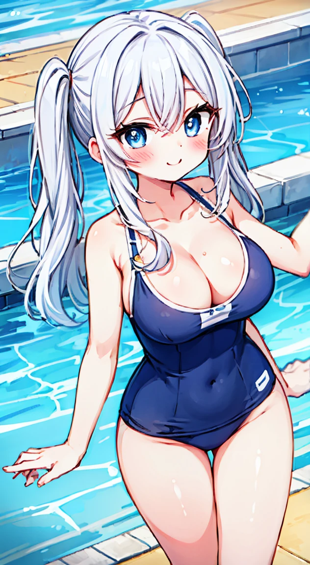 School swimmingwear,blush, full-face blush,masterpiece, Highest quality, (anime screencap:1.3),(shape), cute,(Simple:1), (anime:1.2),Solo Sharp Focus, 1 girl, Cleavage,Looking at the audience, at noon, School poolside,Are standing,,(Browsing Caution:1.2),Beautiful Hair,Horizontal stripes,heart shaped pupils,Close one eye,Happy smile,Large Breasts,cute eyes,Puffy eyes,no fingers,enjoy,