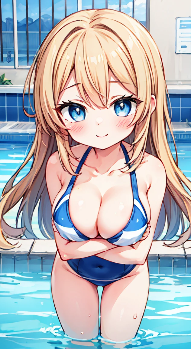 School swimmingwear,blush, full-face blush,masterpiece, Highest quality, (anime screencap:1.3),(shape), cute,(Simple:1), (anime:1.2),Solo Sharp Focus, 1 girl, Cleavage,Looking at the audience, at noon, School poolside,Are standing,,(Browsing Caution:1.2),Beautiful Hair,Horizontal stripes,heart shaped pupils,Close one eye,Happy smile,Large Breasts,cute eyes,Puffy eyes,no fingers,enjoy,