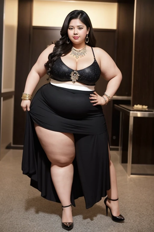 140kg extremely obese woman, large stomach, mini skirt, high heel, necklace, earring, bracelet