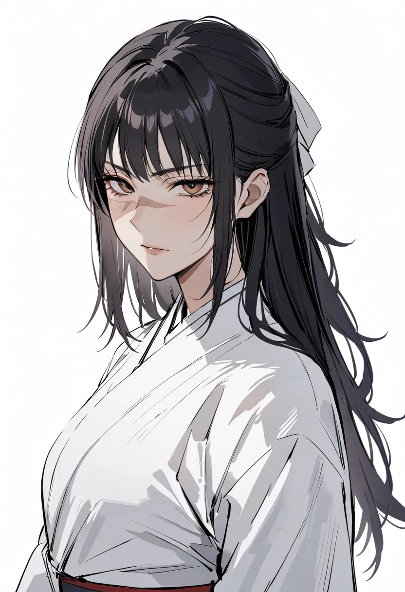 Utahime, black hair, long hair, 1girl, white background, japanese clothes, scar on face, simple background, upper body, brown eyes, looking at viewer, bangs, cross scar, white kimono
best quality, masterpiece,