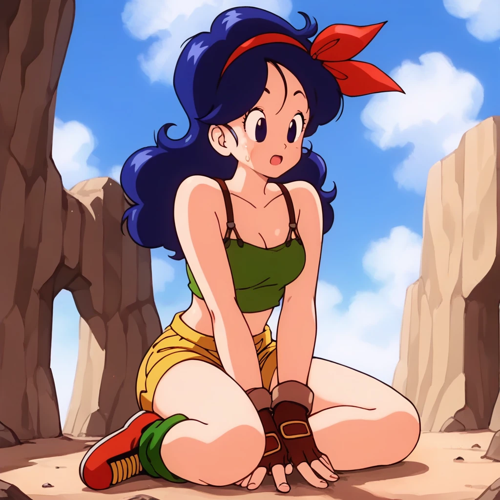 source_anime, score_9, score_8_up, score_7_up, anime screencap, high quality, launch good, 1girl, solo, blue hair, breasts, fingerless gloves, shorts, from below, blue eyes, cleavage, green crop top, long hair, sky, open mouth, cloud, curly hair, blue sky, midriff, day, medium breasts, outdoors, ;d, brown gloves, ribbon, short shorts, red hairband, bare shoulders, sitting, collarbone, yellow shorts, shirt, red footwear, looking at another, hands on floor, green legwear, eyelashes, dirty, dirty face, canyon, sweatdrop