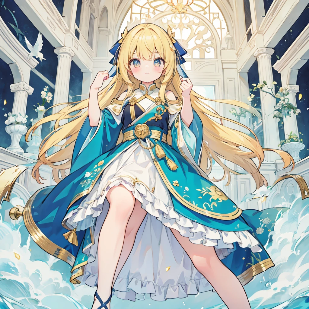 ((best quality)), ((masterpiece)), (detailed), An optimistic girl，Wear a blue skirt with gold trim，有着金色的头发和Golden Eyes，Golden Eyes，blonde，Smile，Stay in a bright, medieval-style house，individual，one person