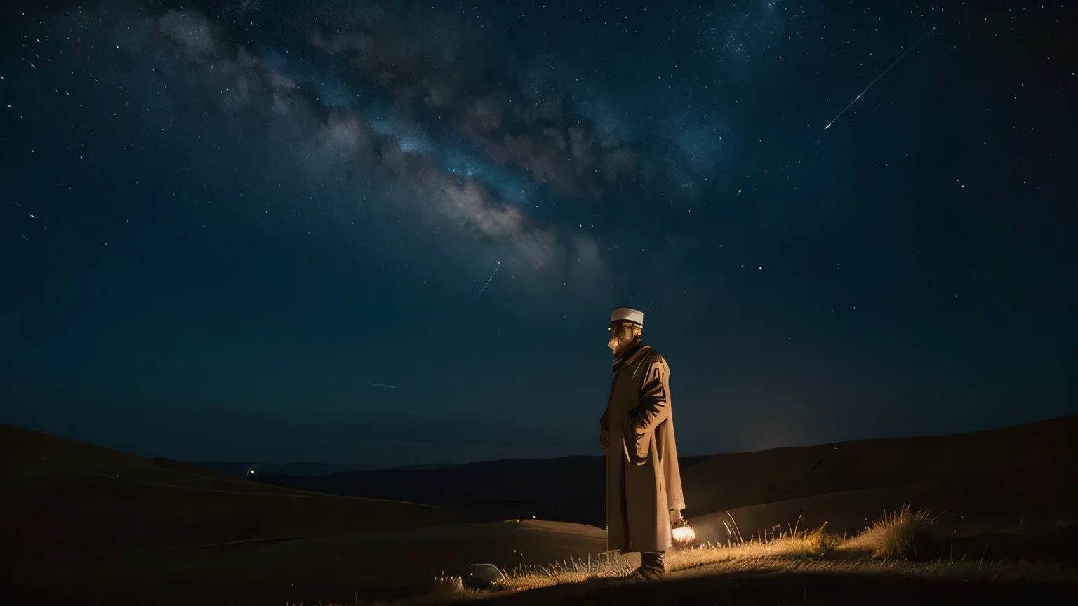 man in his 40s, ancient jewish man, standing under the dark sky.
