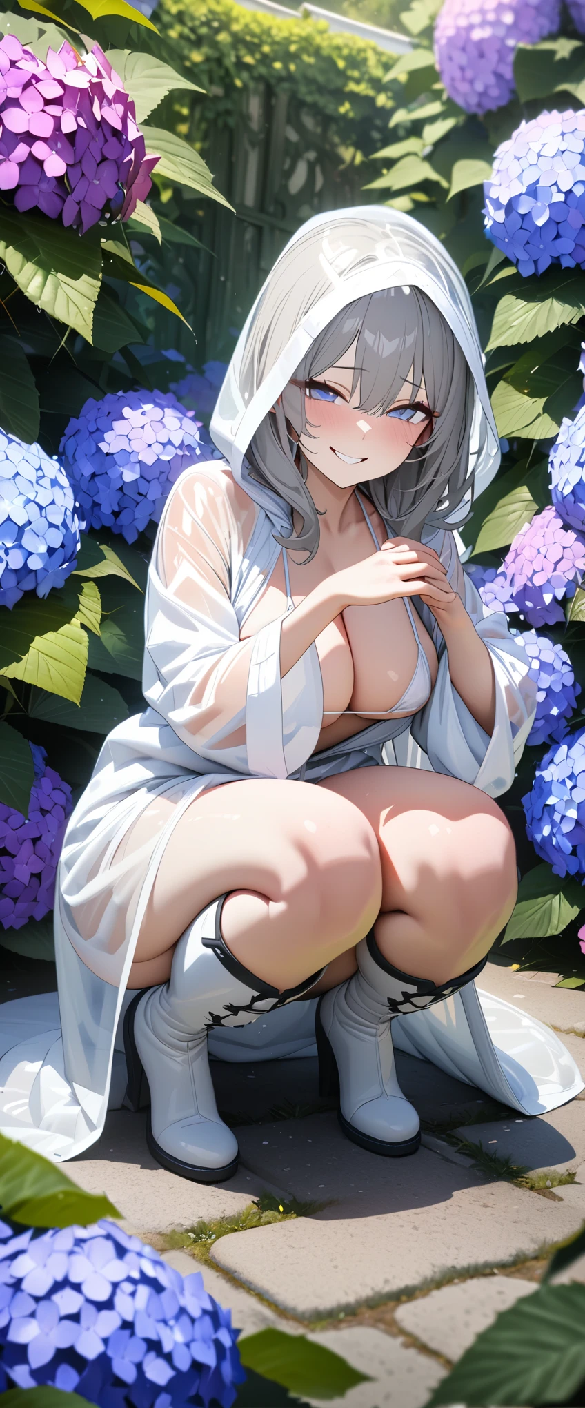 (masterpiece),(Highest quality:1.2),(Very detailed:1.2),(High resolution),8k,wallpaper,One female,A Japanese woman is squatting and looking at hydrangea flowers,Wearing a see-through white raincoat,No bra,See-through micro bikini,Boots,garden,Beautiful Skin,Functional,(A lewd and vulgar smile),(Enchanted face),(((hands))),(front:1.5),(((It&#39;s raining heavily))),(((Cloudy))),(((Surrounded by beautiful hydrangea flowers)))