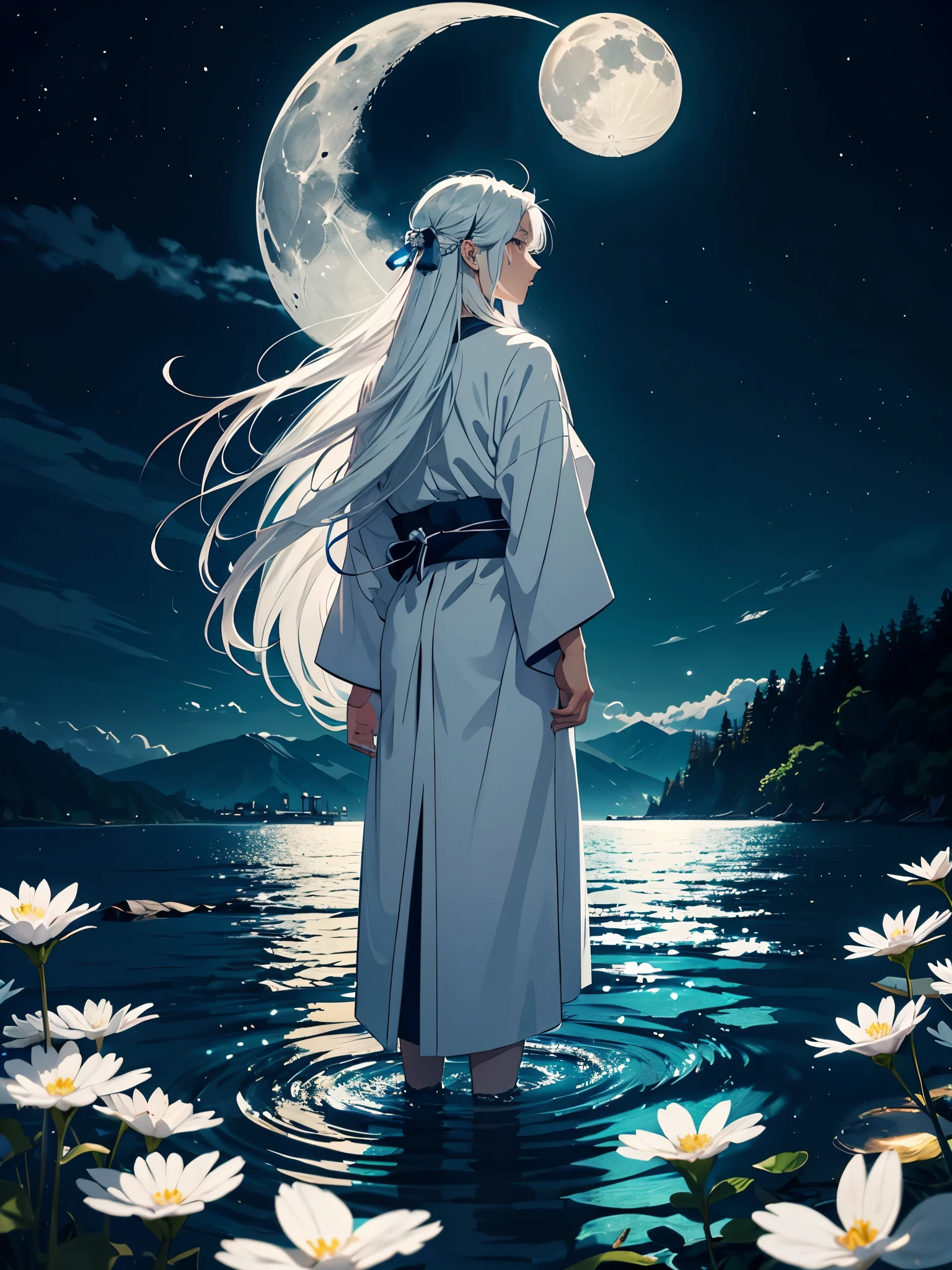 In japanischer Schule. Engel. Viele weoße vögel. More anime. light blue light. Bright bright light. magical. Moon. White flowers. male. Long hair. long white hair. aquatic, boy, God of the Moon, silver hair accessories, White hair.