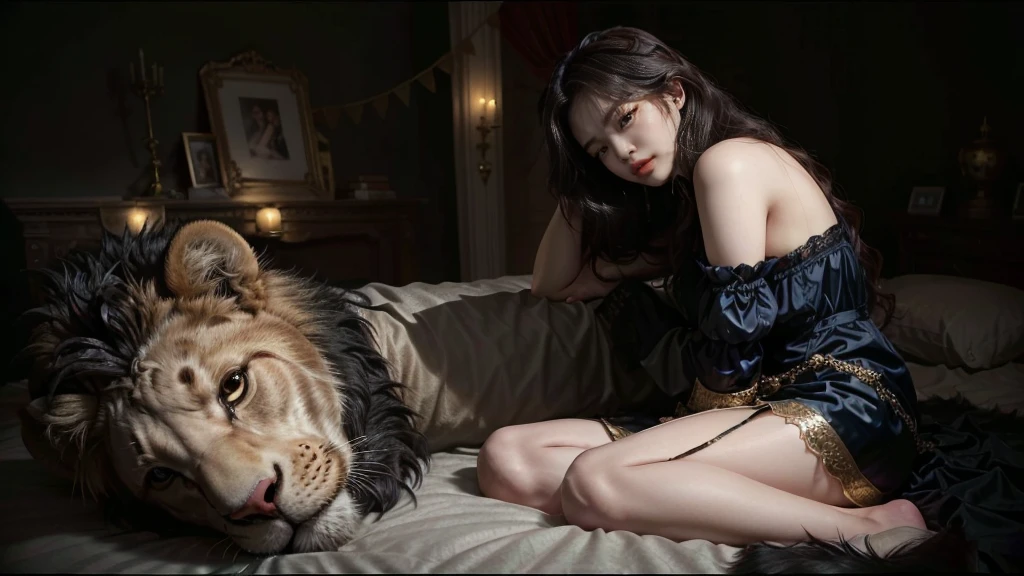 woman in black victorian dress laying on bed with a lion, fantasy photoshoot, while posing in the same bed, gorgeous goddess of leo, posing in bed, inspired by Chen Yifei, song hye - kyo, lovely languid princess, by Yang J, captured on canon eos r 6, shot with canon eoa 6 d mark ii, queen of the jungle, by Zhang Han