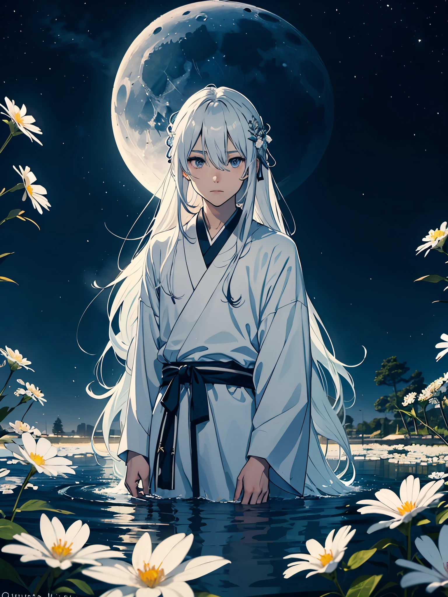 In japanischer Schule. Engel. Viele weoße vögel. More anime. light blue light. Bright bright light. magical. Moon. White flowers. male. Long hair. long white hair. aquatic, boy, God of the Moon, silver hair accessories, White hair. 