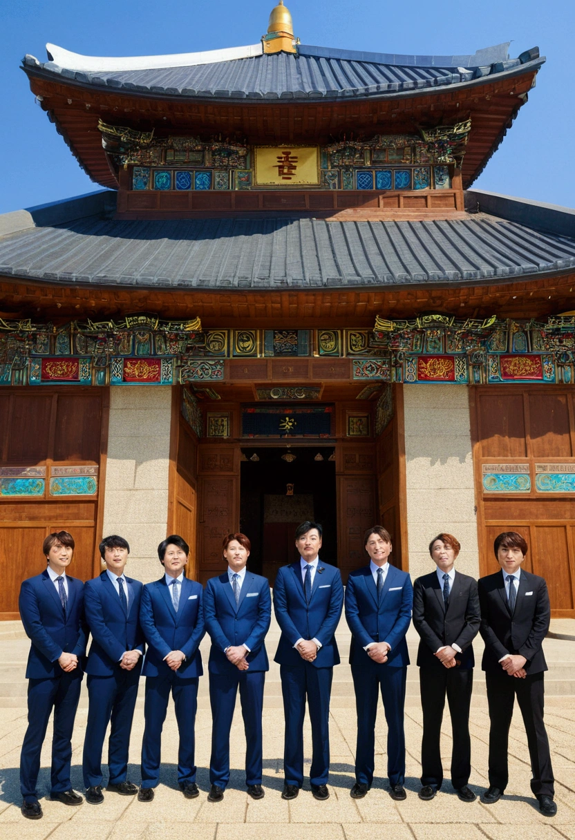 seven korean pastors in suits standing in front of a the tabernacle temple in gwacheon, church of the seven stars , background artwork, palace background, church background, style of madhouse anime, in the anime film, tabernacle temple , style of leonardo da vinci painting, in japanese painting style, standing near a castle, castle background, in style of creation of adam