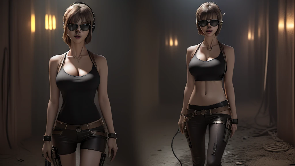 Resident Evil, Realistic post apocaliptic scenes, Zombie games. (((((1girl, solo, alone))))), large-breast:1.2 slim body, cleavage:1.1, sexy miniskirt, ((((headphone, black sunglasses, standing and holding pistol pose)))), (((((half-body thigh level medium shot))))), cinematic lighting, lens flare, ray tracing.