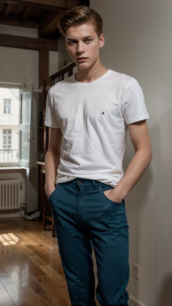 Janis Ancens, preppy haircut, classic pants, light t-shirt and pants, taking photo on th camera, full view