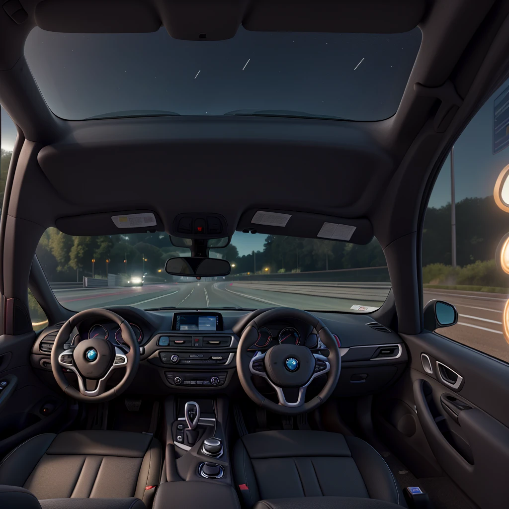 ((best qualityer)), ((work of art)), (detailded), driving a car on the track, black steering wheel, car dashboard with speedometer, bmw, street light, night, other vehicles, pilot






