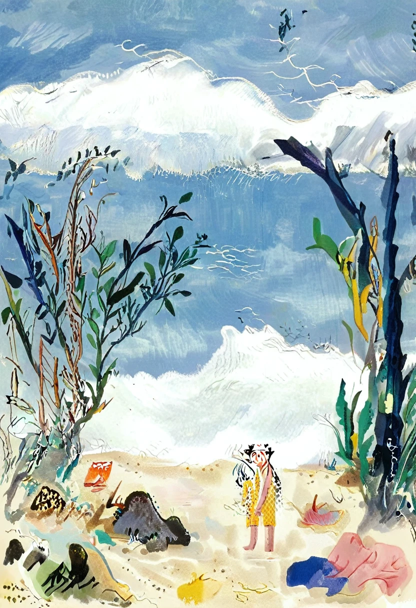 movie「The Island of Dr. Moreau」の最終ショットの非常に詳細でmovieのような写実的なシーン。deep blue々Leaf、Twisted Mangrove Tree、Dark sky with storm clouds、A secluded beach with crashing waves、A lone figure and a human-leopard hybrid standing in an eerie environment_Beautiful beastman、An atmosphere of mystery and anxiety、Super detailed、8k、Hyperrealistic、masterpiece、Complex lighting and shadows、Calm colors、Feelings of isolation and anxiety、J_drawing、Children's Illustration Style、QIEMANCN