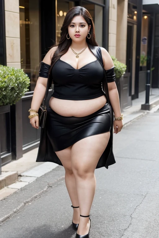 140kg extremely obese woman, large stomach, mini skirt, high heel, necklace, earring, bracelet