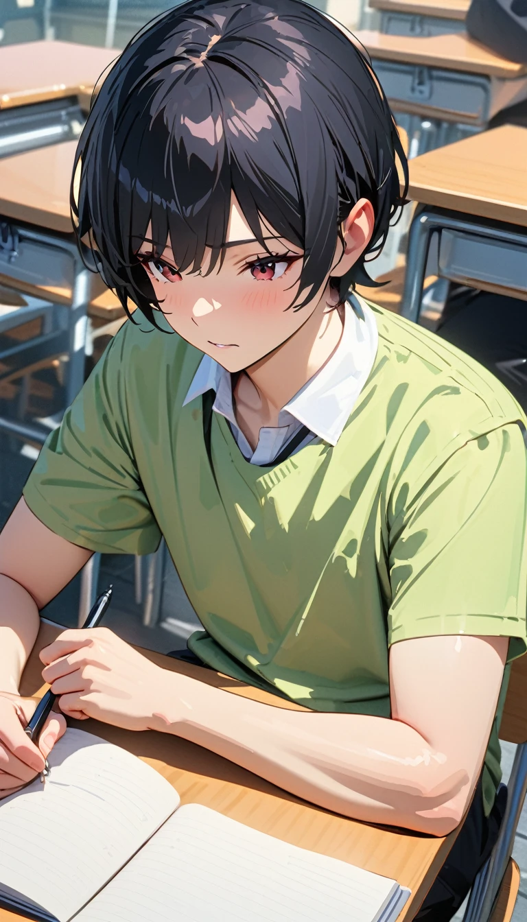 modern, Verism, masterpiece, textured skin, super detail, best quality, 4K , A man,Black short hair,Taking classes at a university,is writing in a notebook on the desk,Sitting,In the university classroom.