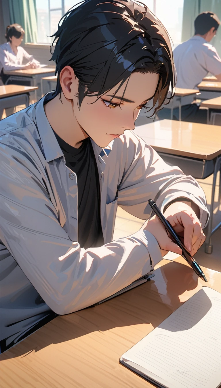 modern, Verism, masterpiece, textured skin, super detail, best quality, 4K , A man,Black short hair,Taking classes at a university,is writing in a notebook on the desk,Sitting,In the university classroom.