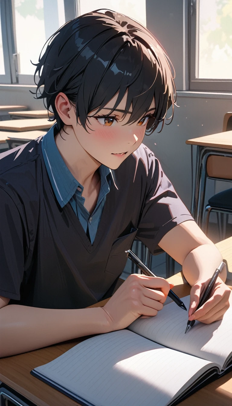 modern, Verism, masterpiece, textured skin, super detail, best quality, 4K , A man,Black short hair,Taking classes at a university,is writing in a notebook on the desk,Sitting,In the university classroom.