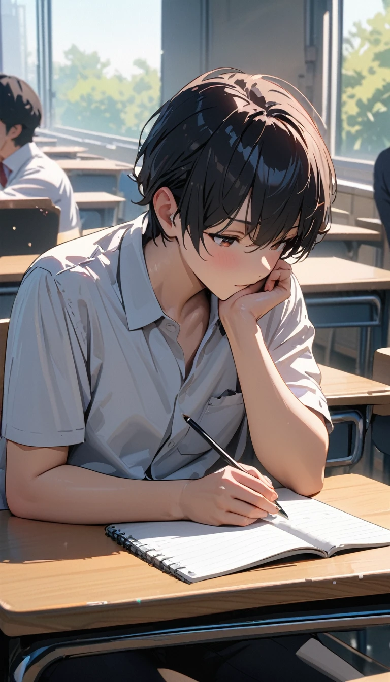 modern, Verism, masterpiece, textured skin, super detail, best quality, 4K , A man,Black short hair,Taking classes at a university,is writing in a notebook on the desk,Sitting,In the university classroom.